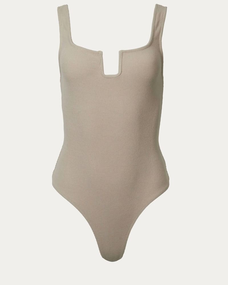 Front of a size L Ribbed Stretch-Cotton Bodysuit in Mocha in Mocha by By Together. | dia_product_style_image_id:333737